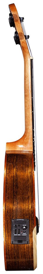 Barnes & Mullins Walnut Concert Ukulele with pickup, showcasing its wood grain and compact size, ideal for beginner and intermediate players.