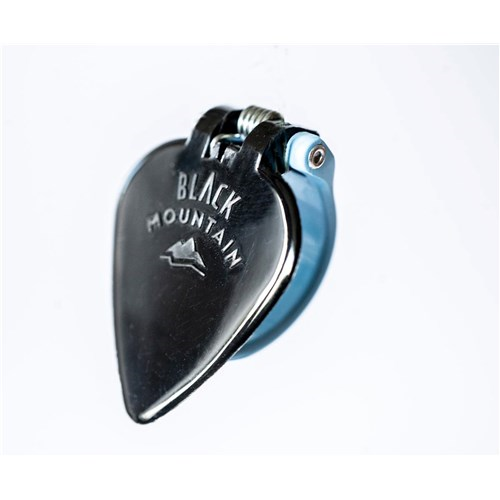 Black Mountain spring-loaded blue thumb pick for right hand, designed for guitar players, with a comfortable grip and durable construction.