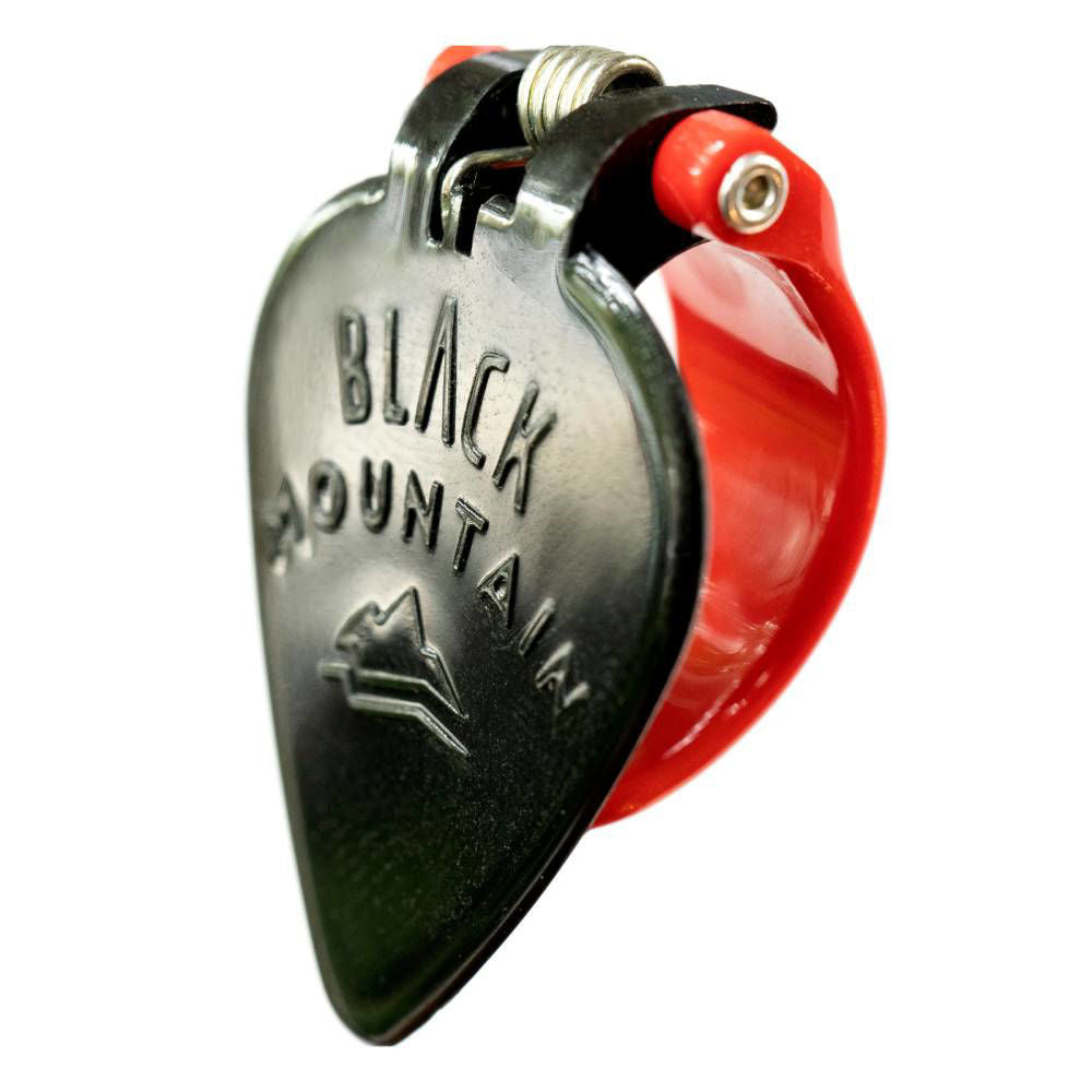 Black Mountain spring-loaded red thumb pick for right-handed guitar players, designed for comfortable grip and precise strumming.