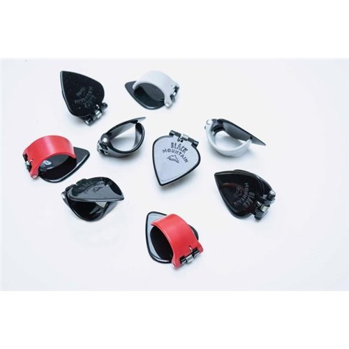 Black Mountain spring-loaded thumb pick in red for right-handed guitar players, shown on a white background.
