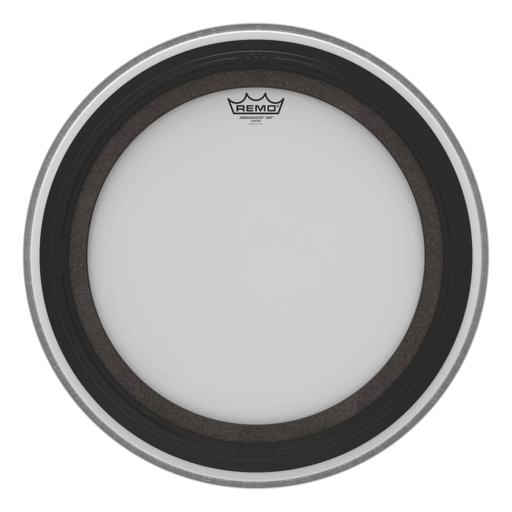 Remo SMT Ambassador coated 20-inch bass drum head showing a clear coated surface and black logo, suitable for drum set use.