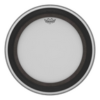 Remo SMT Ambassador coated 20-inch bass drum head showing a clear coated surface and black logo, suitable for drum set use.