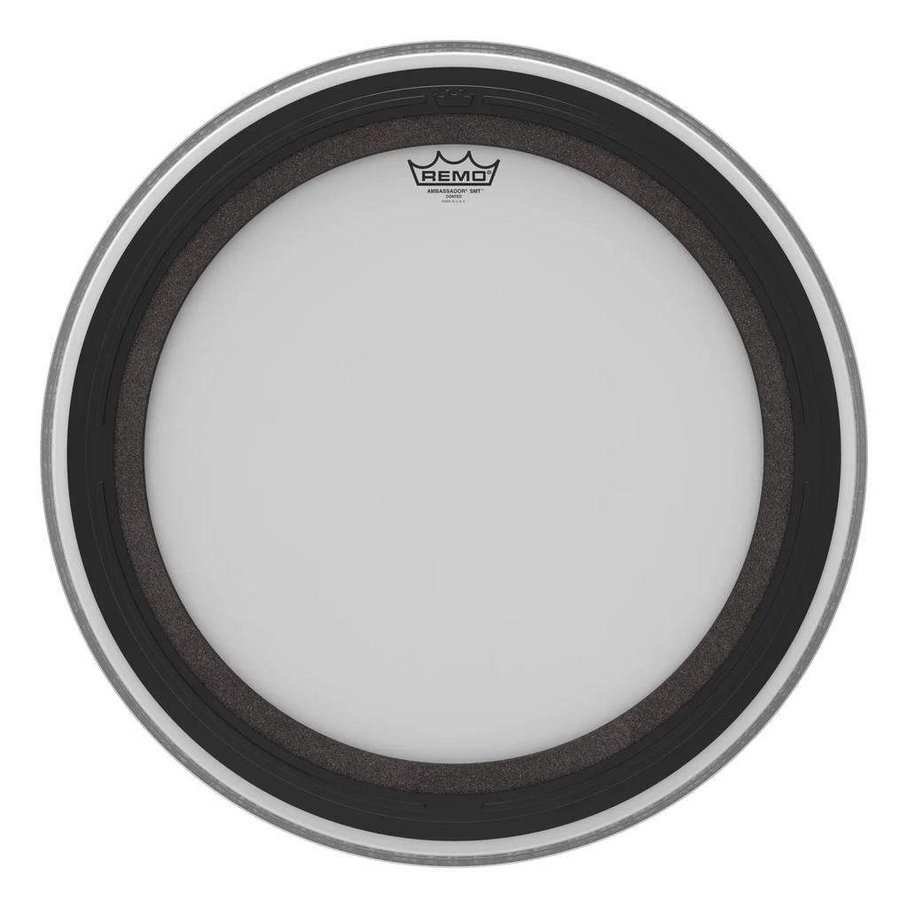 Remo SMT Ambassador coated 22-inch bass drum head showing the branded drum head with white coating and clear logo.