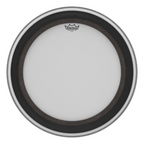 Remo SMT Ambassador coated 22-inch bass drum head showing the branded drum head with white coating and clear logo.