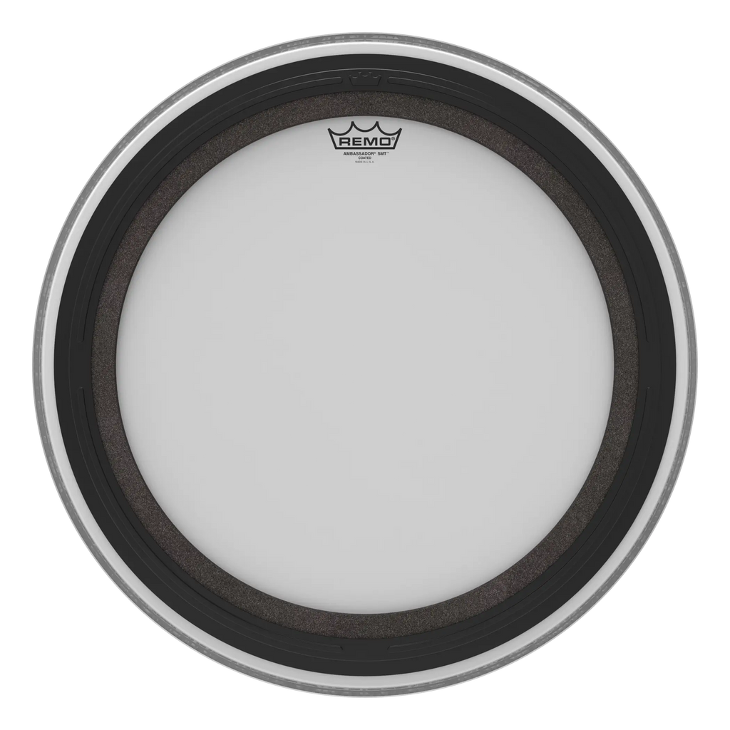 Remo SMT Ambassador coated 22-inch bass drum head showing the black coated surface and branding details.