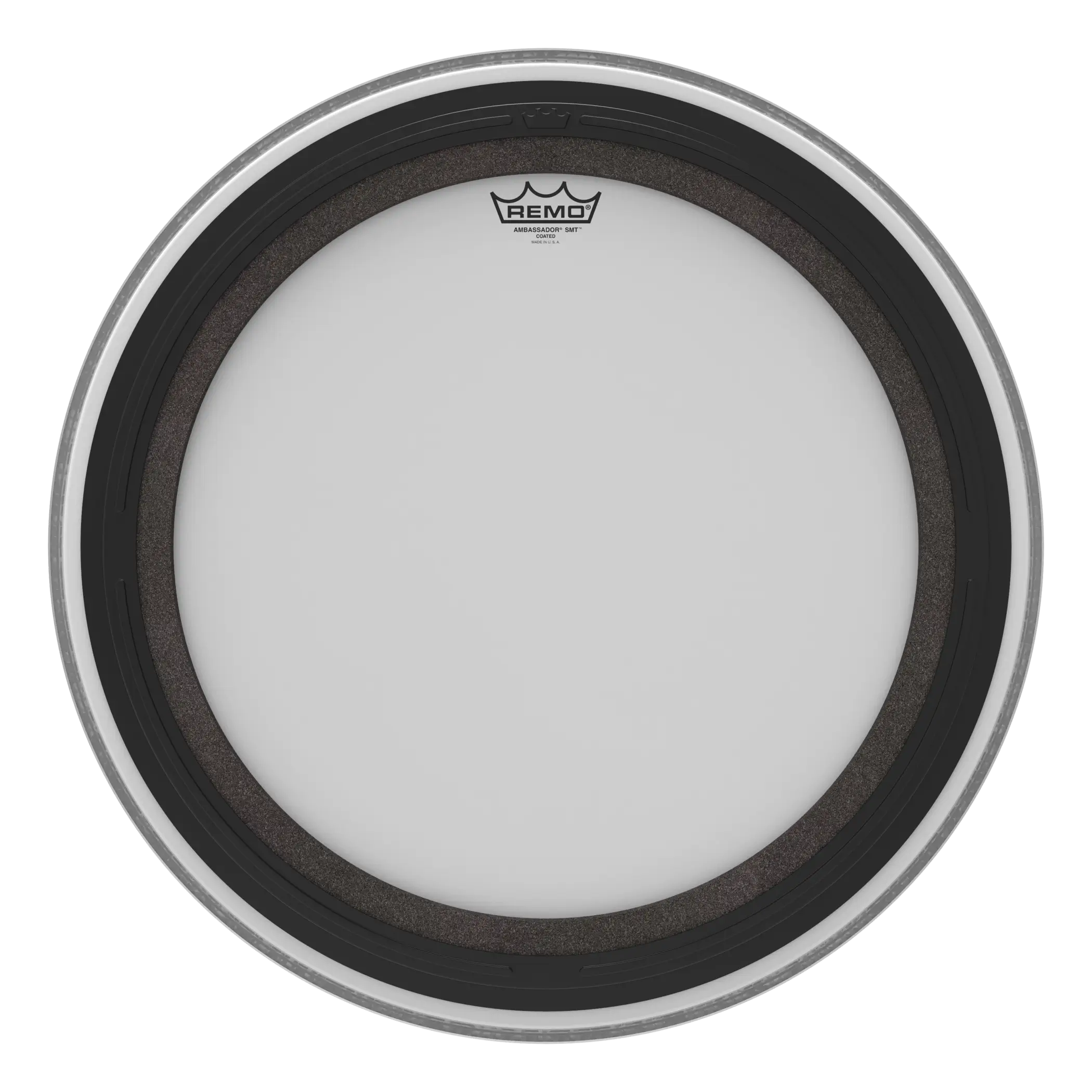 Remo SMT Ambassador coated 22-inch bass drum head showing the black coated surface and branding details.