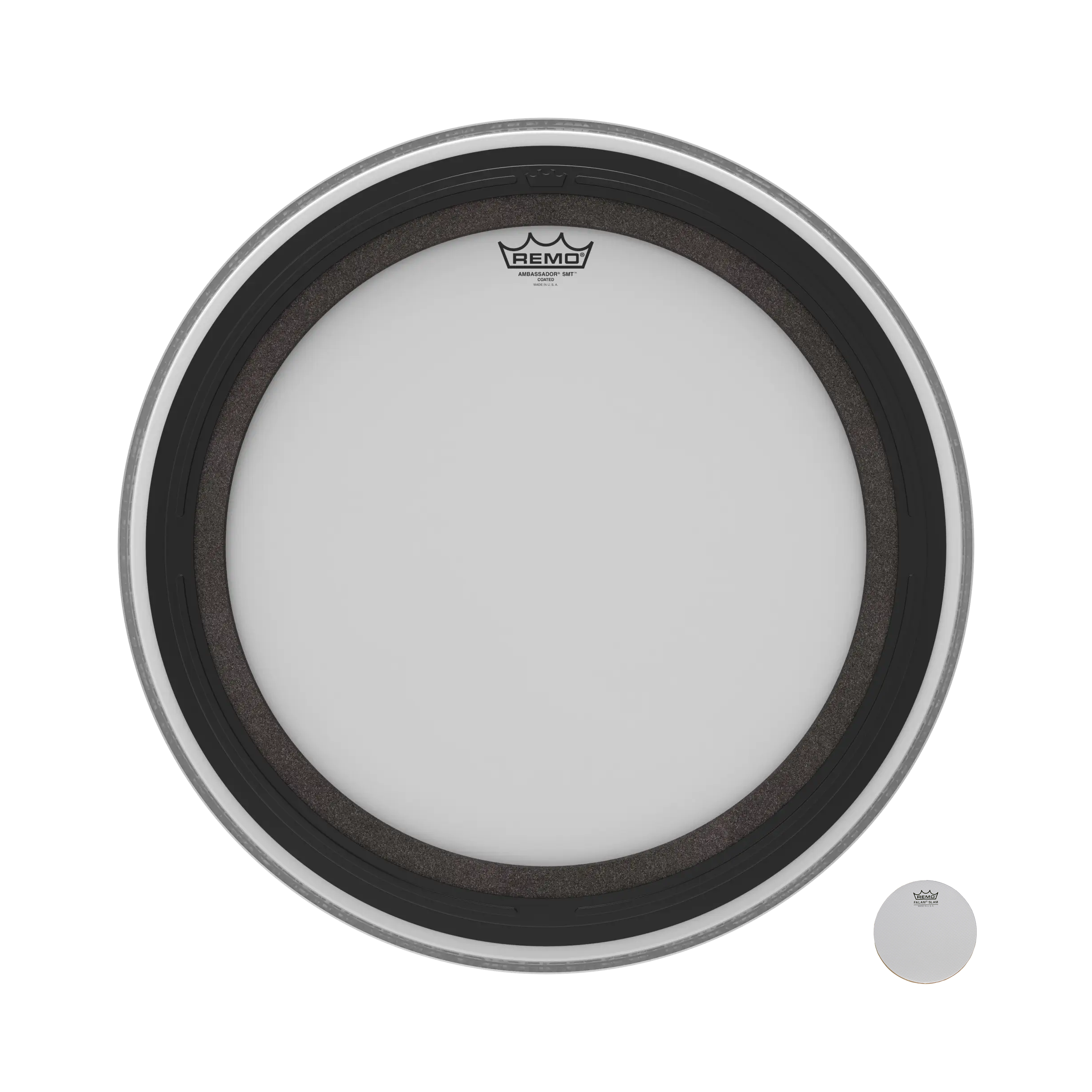 Remo SMT Ambassador coated 22-inch bass drum head with a smooth, durable coated surface and Remo branding.