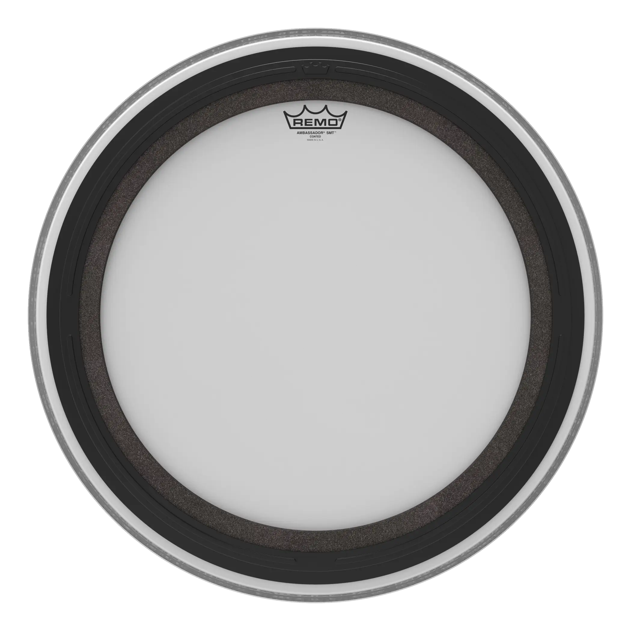 Remo SMT Ambassador coated 22-inch bass drum head with drum shell and mounting hardware visible.