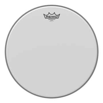 Remo Ambassador coated 26-inch bass drumhead showing the logo and textured surface for deep, resonant sound.
