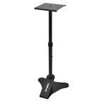 Black QuikLok BS402 height adjustable monitor stand for studio monitors, featuring sturdy construction and ergonomic design.