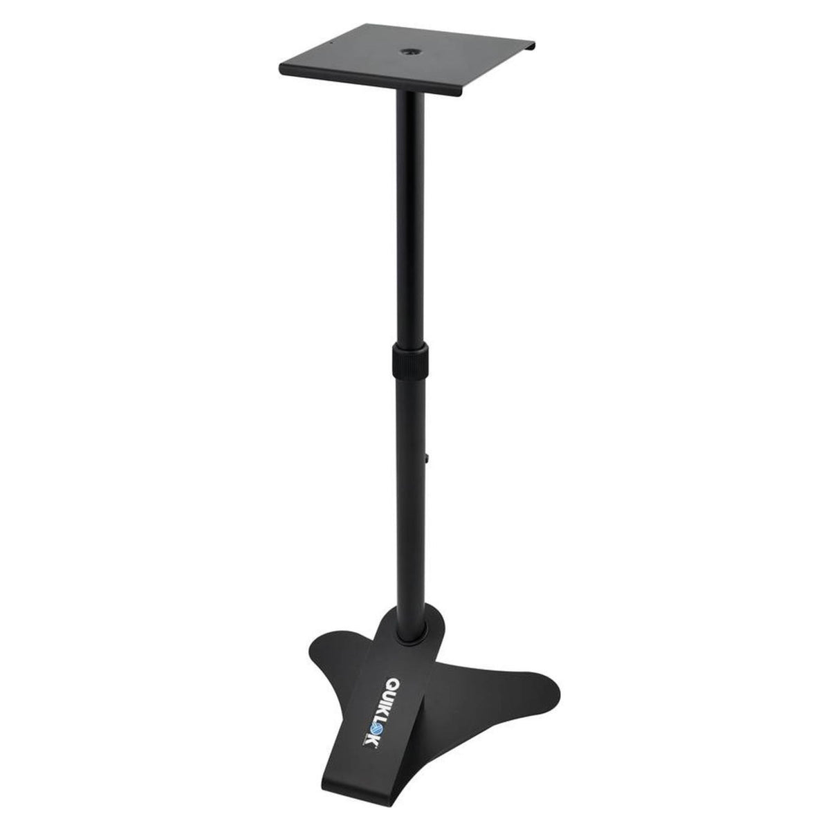 Black QuikLok BS402 height adjustable monitor stand for studio monitors, featuring sturdy construction and ergonomic design.