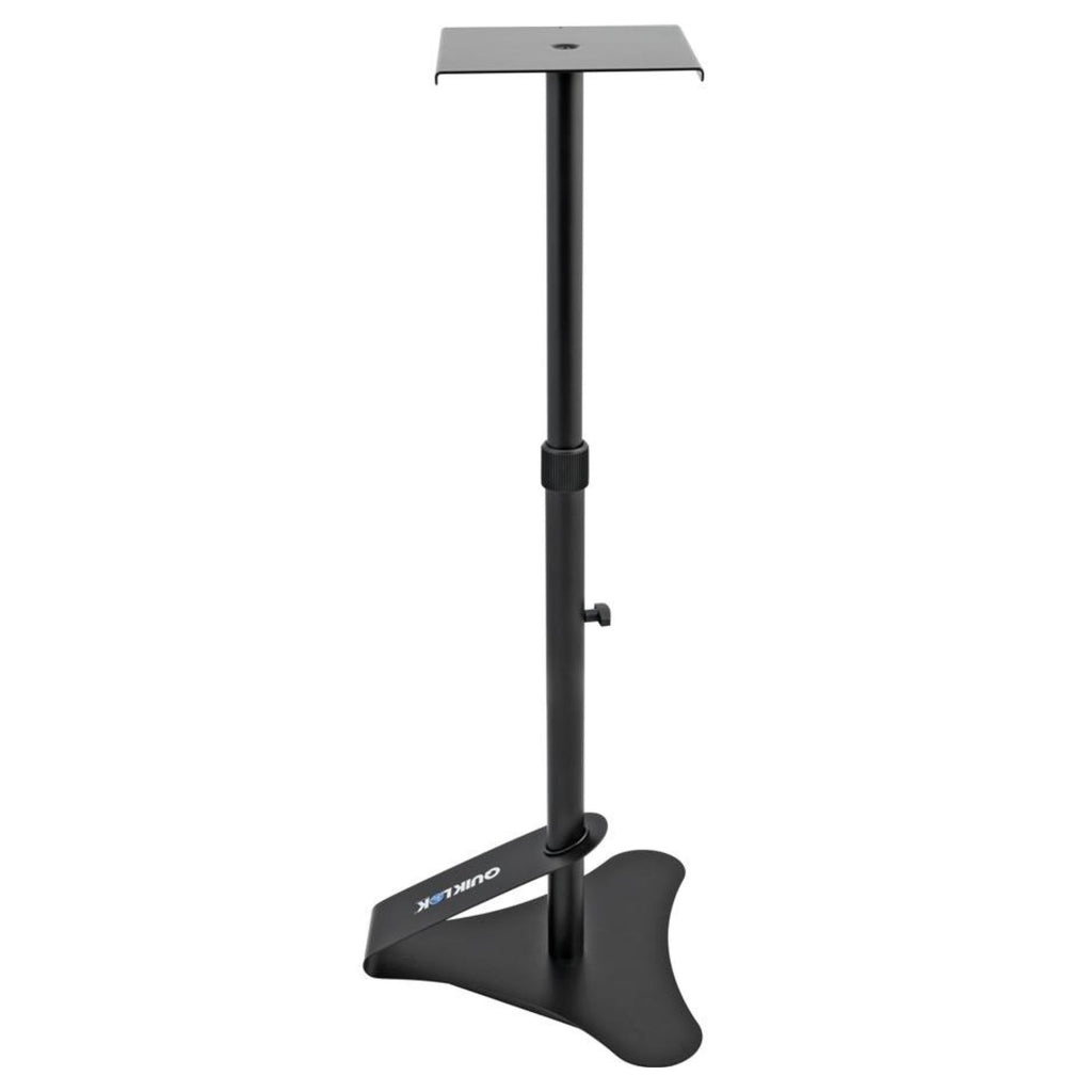 Black QuikLok BS402 height adjustable monitor stand for studio monitors, featuring a sturdy design and easy height customization.