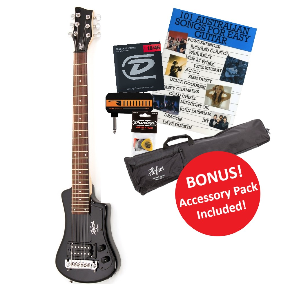 Hofner Shorty Compact Travel Electric Guitar with Accessory Pack - Black
