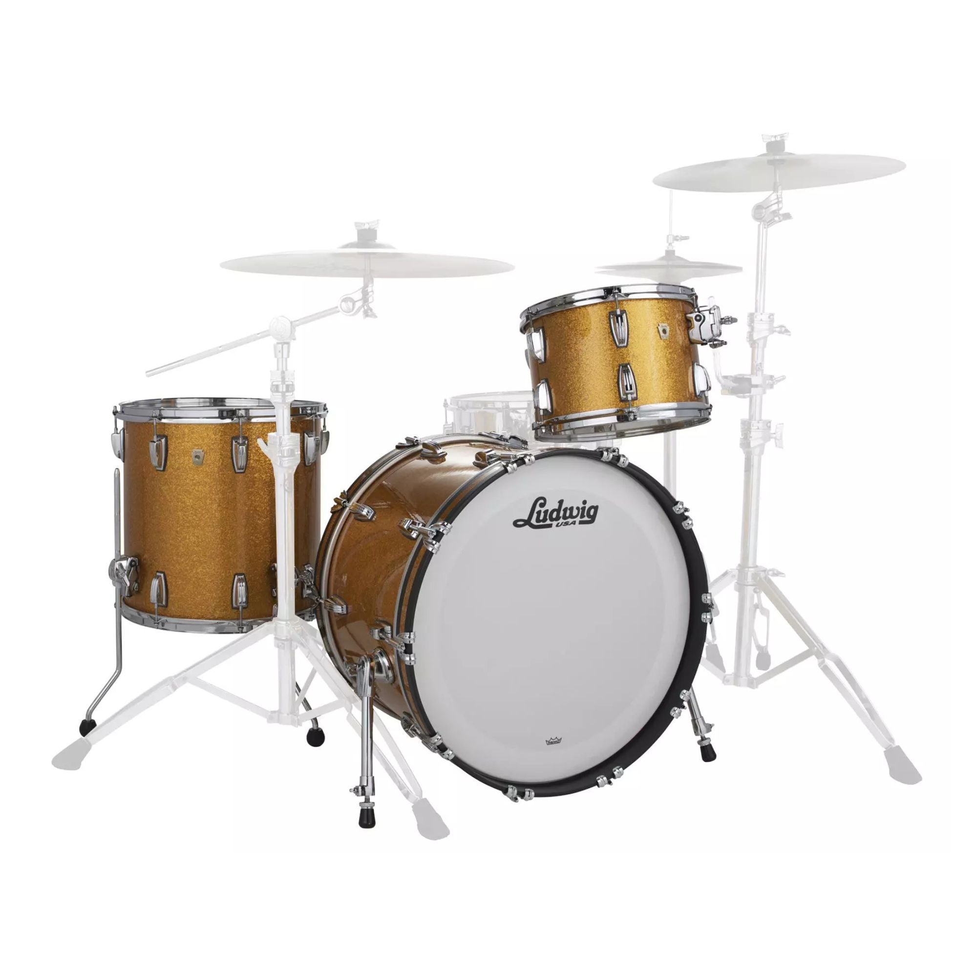 Ludwig Classic Maple 22/13/16 drum shell pack in gold sparkle finish, featuring three drums with detailed wood grain and hardware.