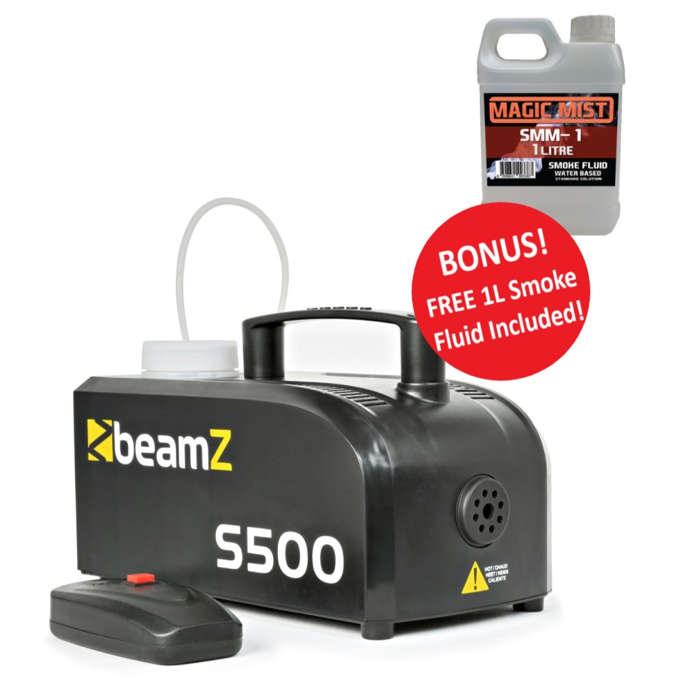 Beamz S500 Compact 0.4L 500W Smoke Machine with Free 1L Smoke Fluid