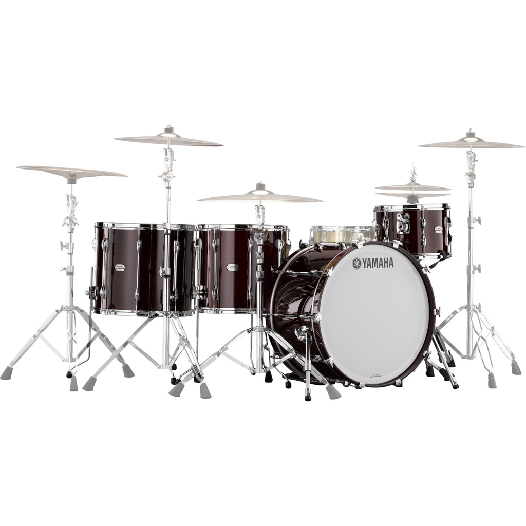 Yamaha Recording Custom 22/10/12/16 drum kit shell pack in classic walnut finish, showcasing four drum shells in natural wood grain.