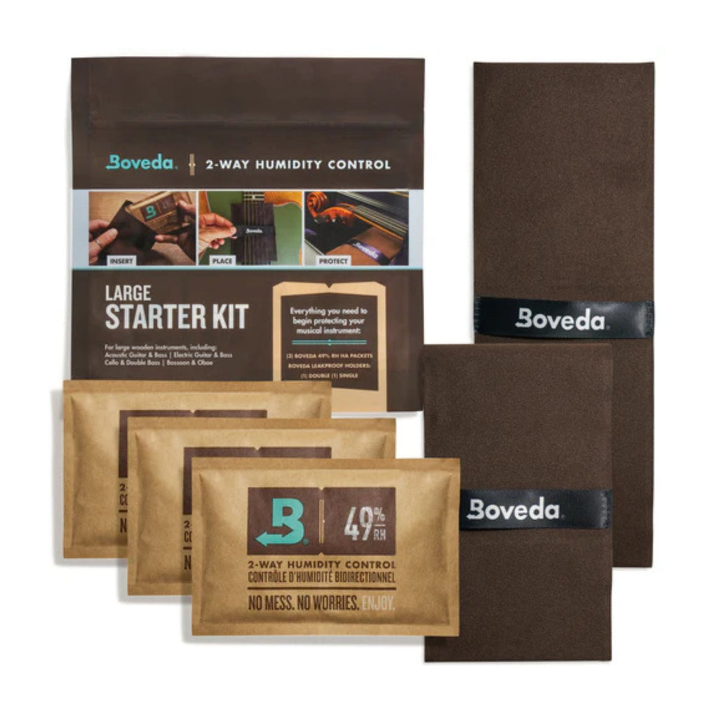 Boveda Large 2-Way Humidity Control Starter Kit for guitar accessories, includes humidity packs and storage case.