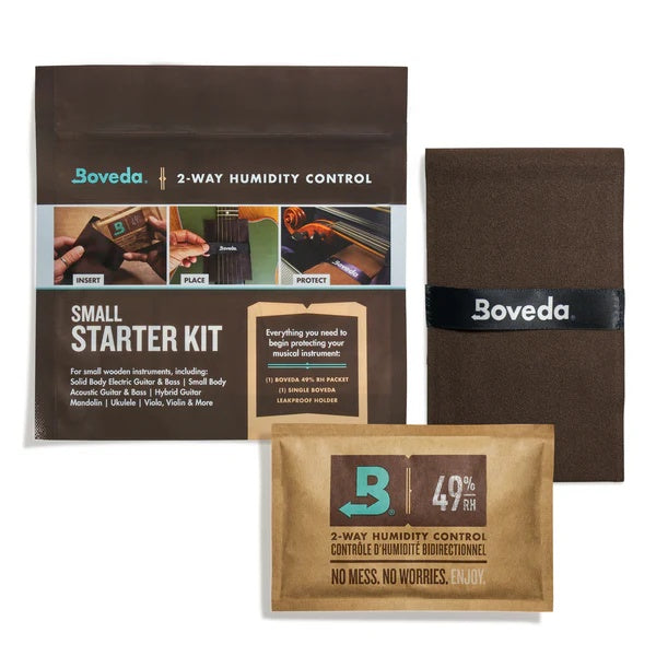 Boveda Standard Humidity Control Starter Kit for guitars, small size, includes humidity packs and accessories for maintaining instrument moisture.