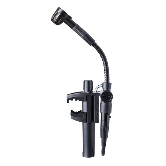 AKG C518M miniature clamp condenser microphone mounted on a stand, wired live microphone for professional audio recording.