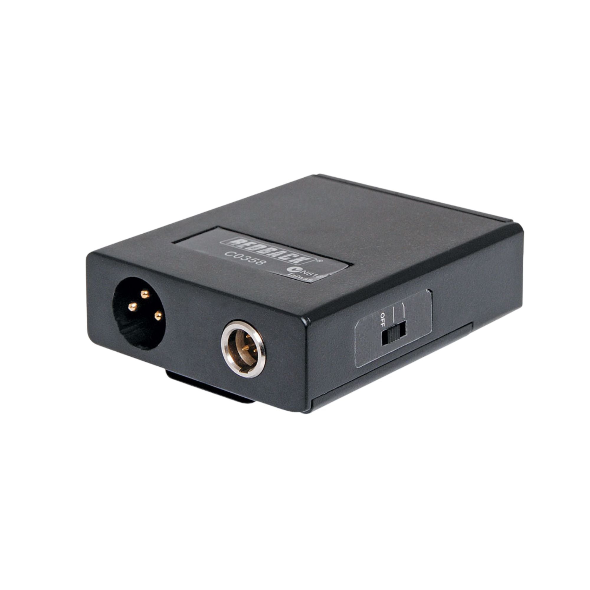 Redback C0358 Phantom Power Supply with Mini XLR connector for PA equipment, compact audio accessory, black and silver design.