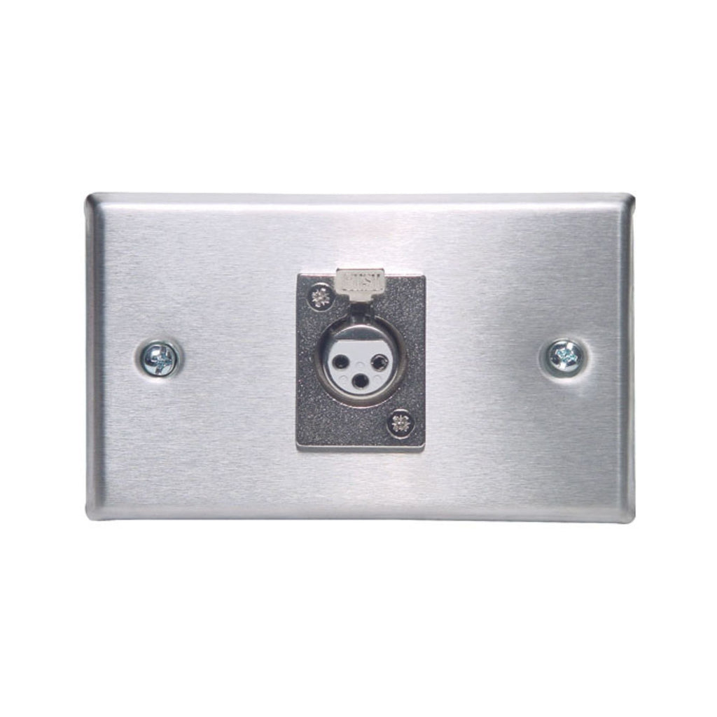 Altronic 3-pin male XLR horizontal steel microphone wall plate for professional audio and PA systems.