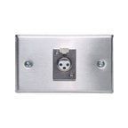 Altronic 3-pin male XLR horizontal steel microphone wall plate for professional audio and PA systems.