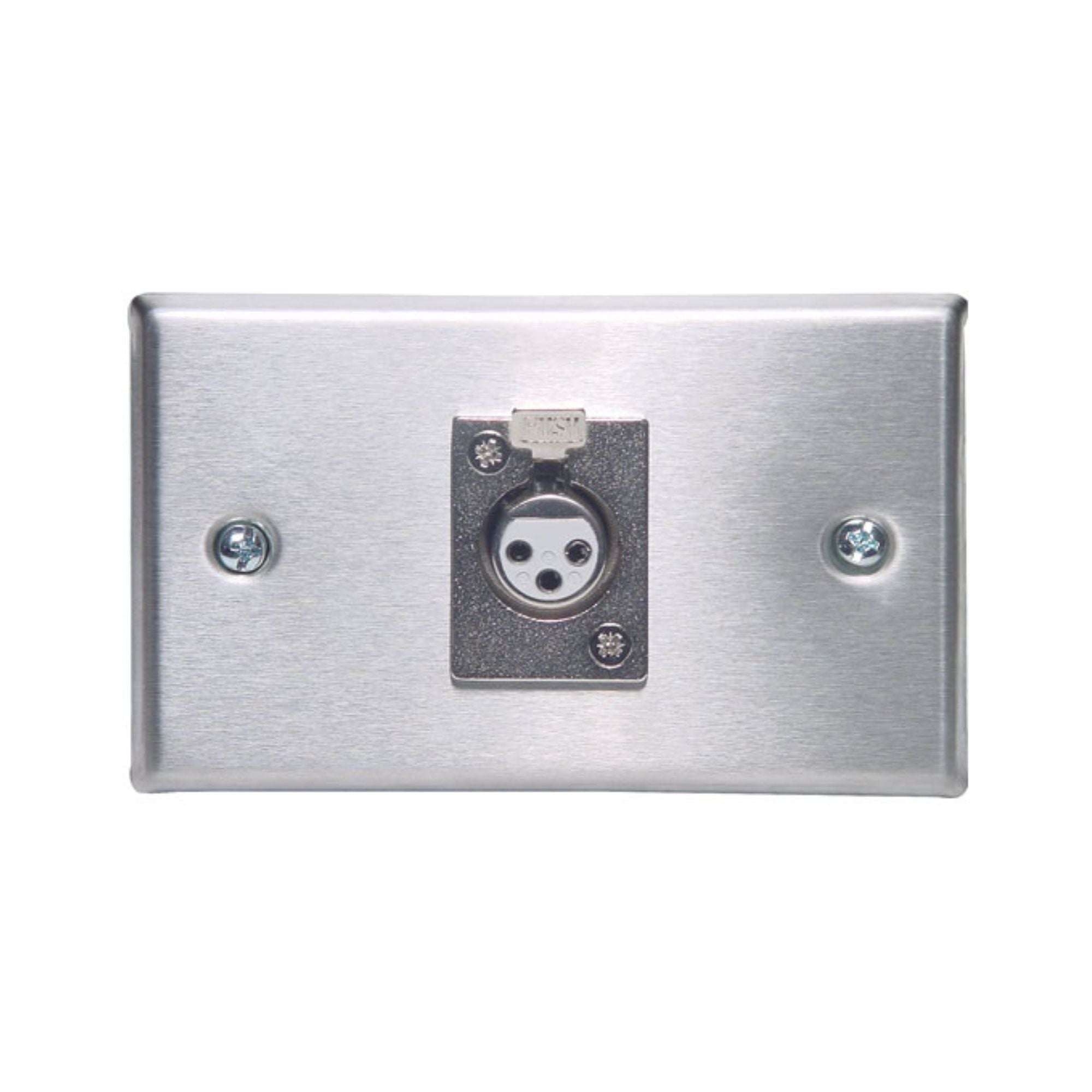 Altronic 3-pin male XLR horizontal steel microphone wall plate for professional audio and PA systems.