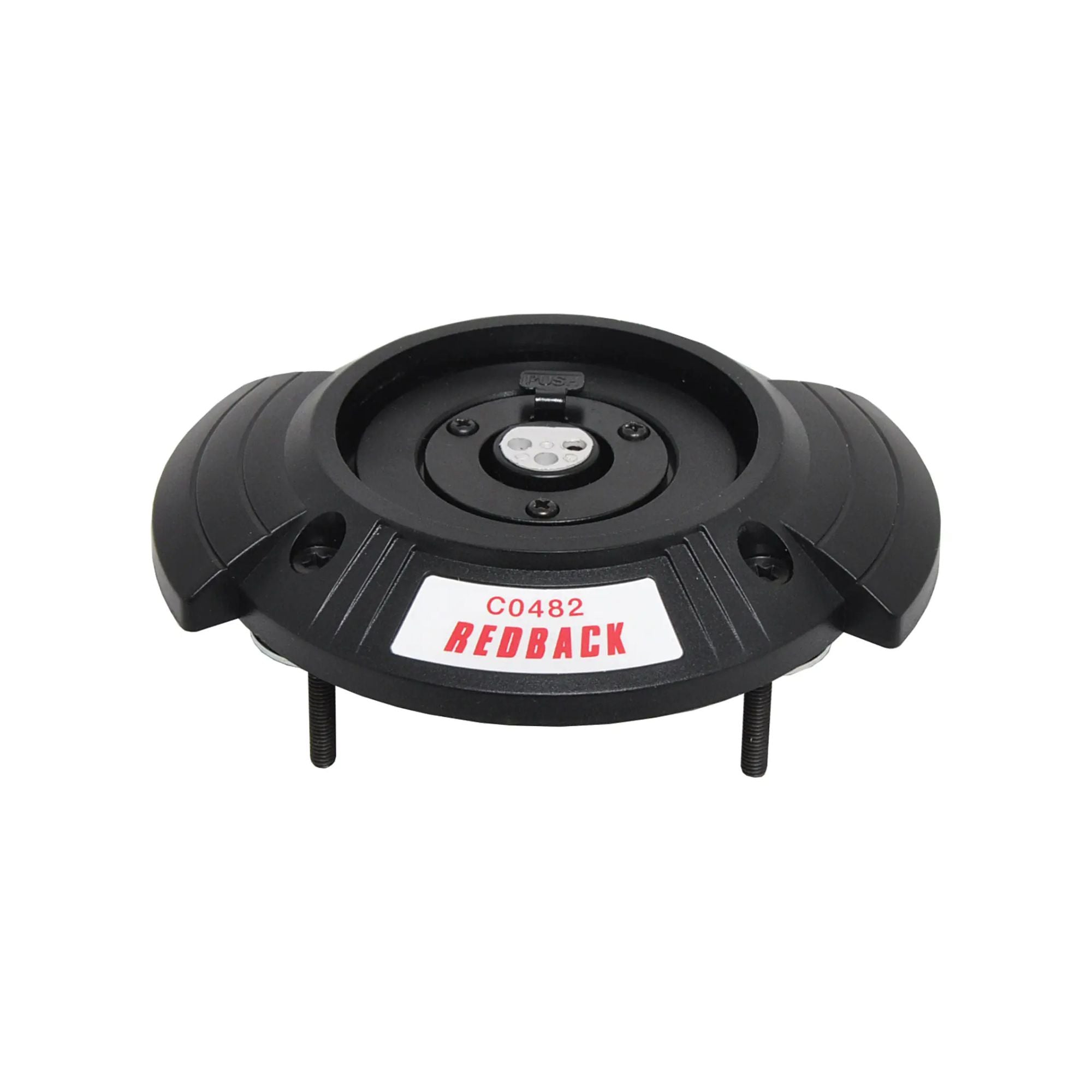 Redback C0482 3-pin XLR microphone shock mount base for PA accessories, shown with mounting structure and connection ports.