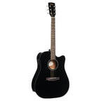 Black Cort Earth 60 CE BK acoustic guitar with cutaway and pickup, showcasing its sleek body and detailed fretboard.