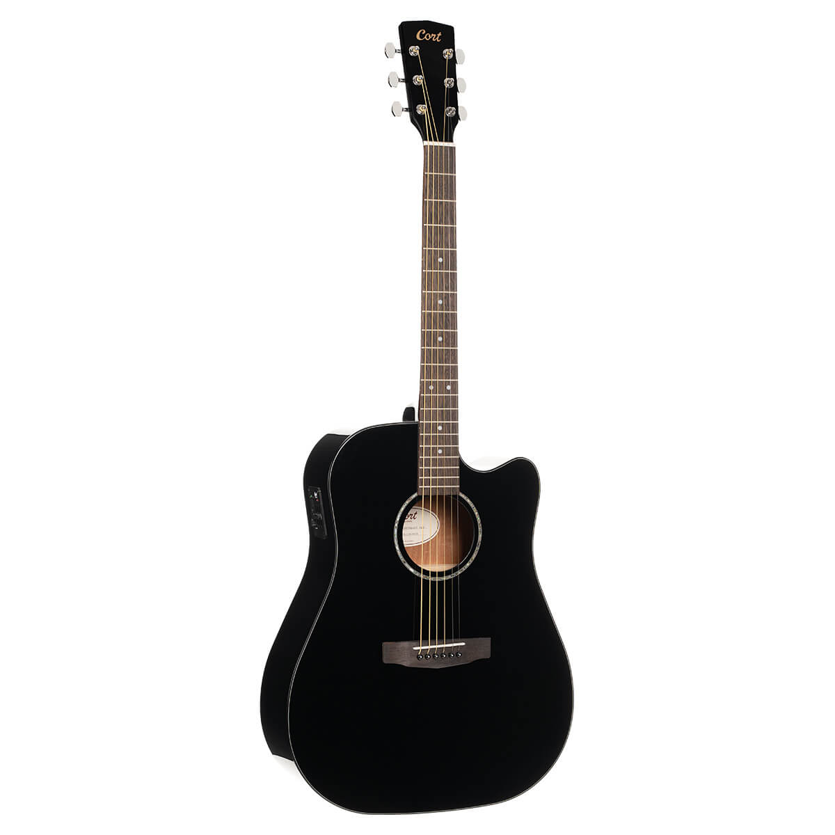 Black Cort Earth 60 CE BK acoustic guitar with cutaway and pickup, showcasing its sleek body and detailed fretboard.