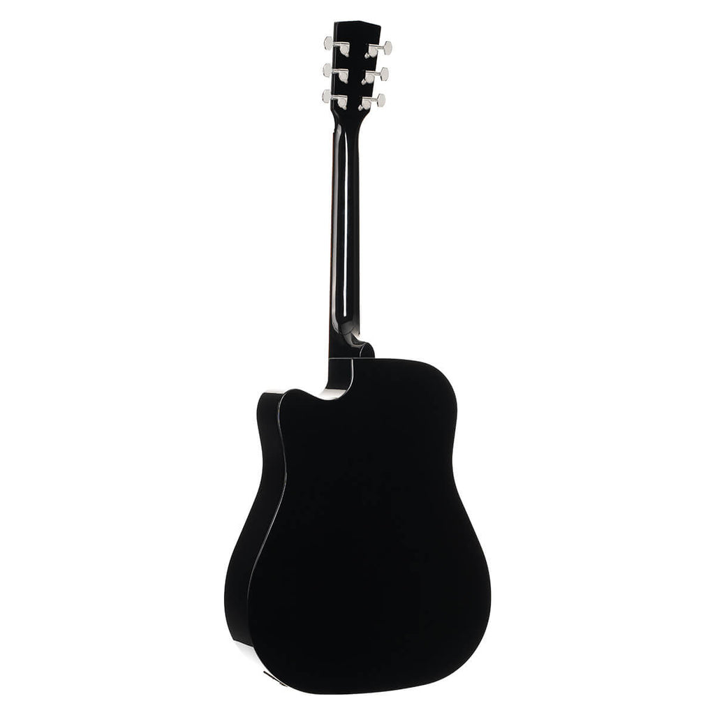 Cort Earth 60 CE BK black acoustic guitar with pickup and cutaway, showcasing its sleek body and natural wood finish.