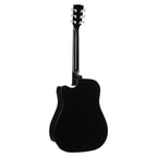 Cort Earth 60 CE BK black acoustic guitar with pickup and cutaway, showcasing its sleek body and natural wood finish.