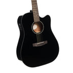 Cort Earth 60 CE BK acoustic guitar with pickup and cutaway in black, showcasing its body, neck, and soundhole design.