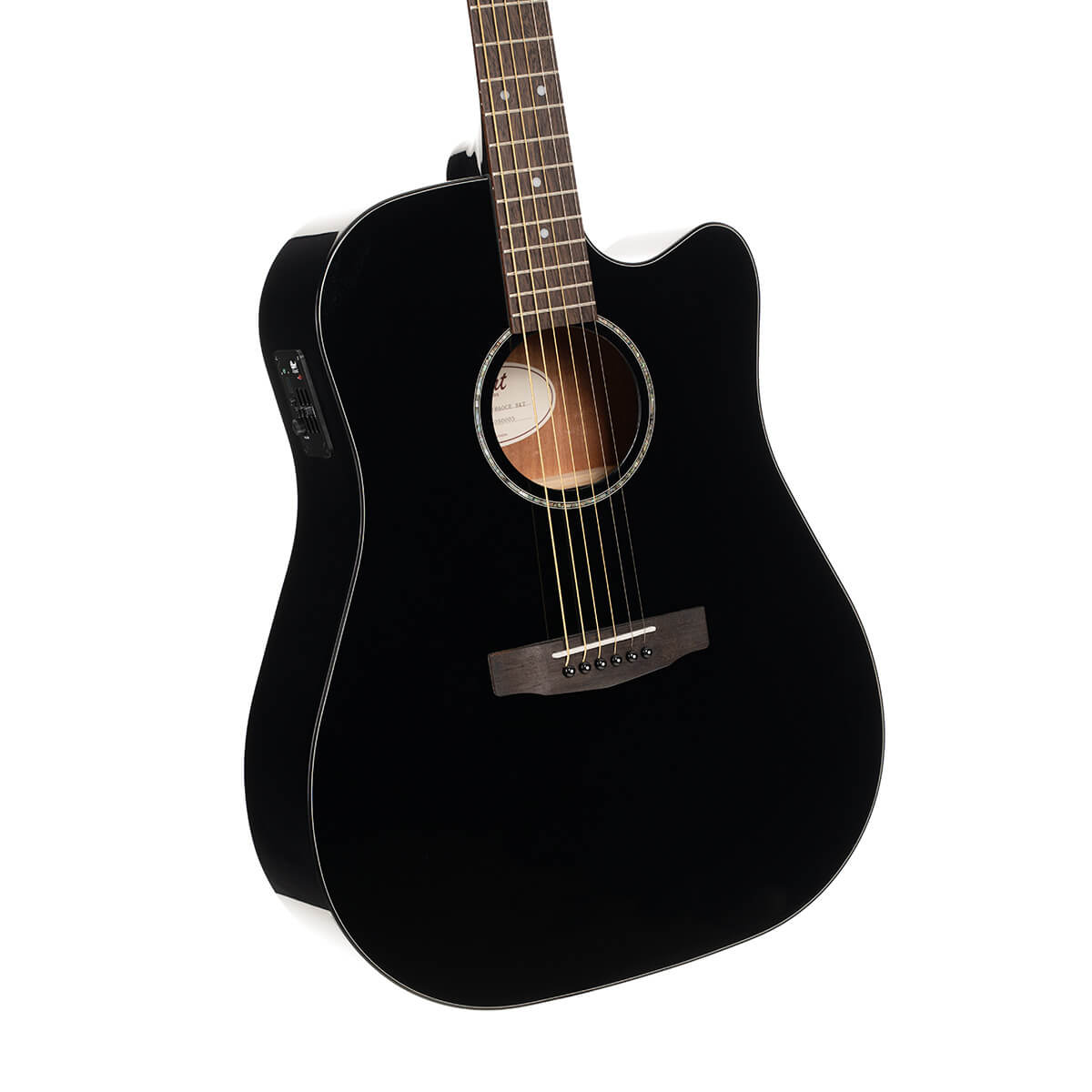 Cort Earth 60 CE BK acoustic guitar with pickup and cutaway in black, showcasing its body, neck, and soundhole design.