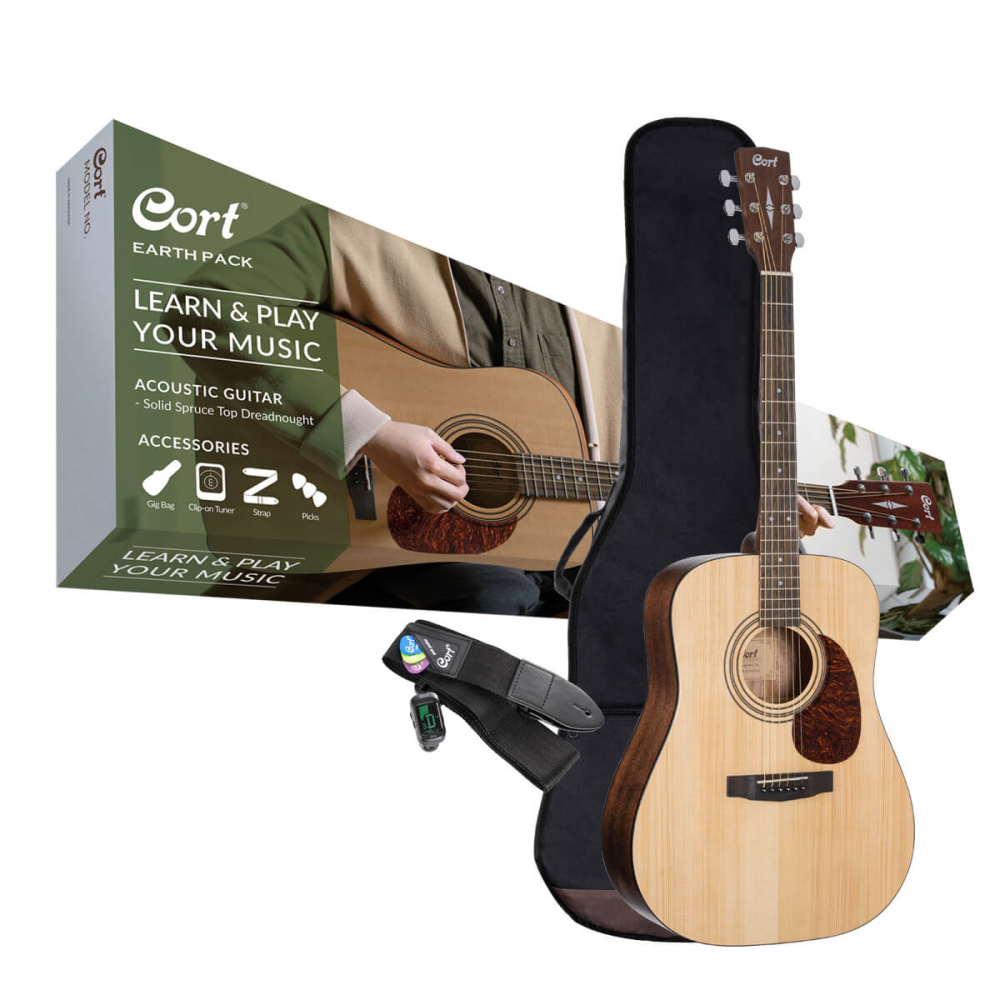 Cort Earth Pack Dreadnought Acoustic Guitar Pack with Gig Bag, Tuner, Picks & Strings
