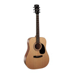 Cort AD810 OP dreadnought acoustic guitar with open pore finish, showcasing the wooden body and steel strings.