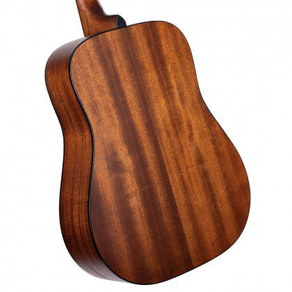 Cort AD810 OP dreadnought acoustic guitar with open pore finish, showcasing its natural wood grain and classic guitar shape.