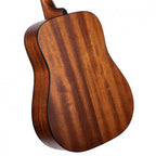 Cort AD810 OP dreadnought acoustic guitar with open pore finish, showcasing its natural wood grain and classic guitar shape.