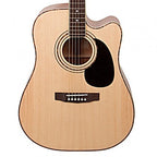 Cort AD880CE NS dreadnought cutaway acoustic guitar with satin natural finish, showcasing its body and neck details.