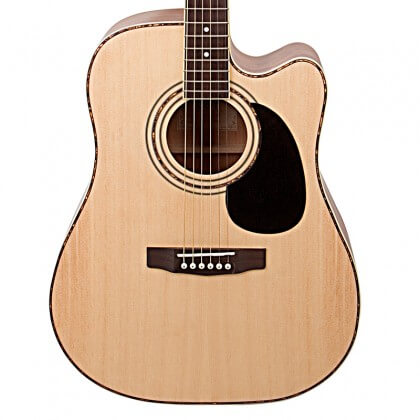 Cort AD880CE NS dreadnought cutaway acoustic guitar with satin natural finish, showcasing its body and neck details.