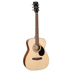 Cort AF510 OP Folk acoustic guitar with open pore natural finish and gig bag, showing the wooden body and fretboard.
