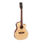 Cort GA-MEDX 12-string grand acoustic guitar with natural wood finish, showcasing the full body and detailed craftsmanship.