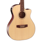 Cort GA-MEDX 12-string grand acoustic guitar in natural wood finish, showcasing its large body and detailed craftsmanship.