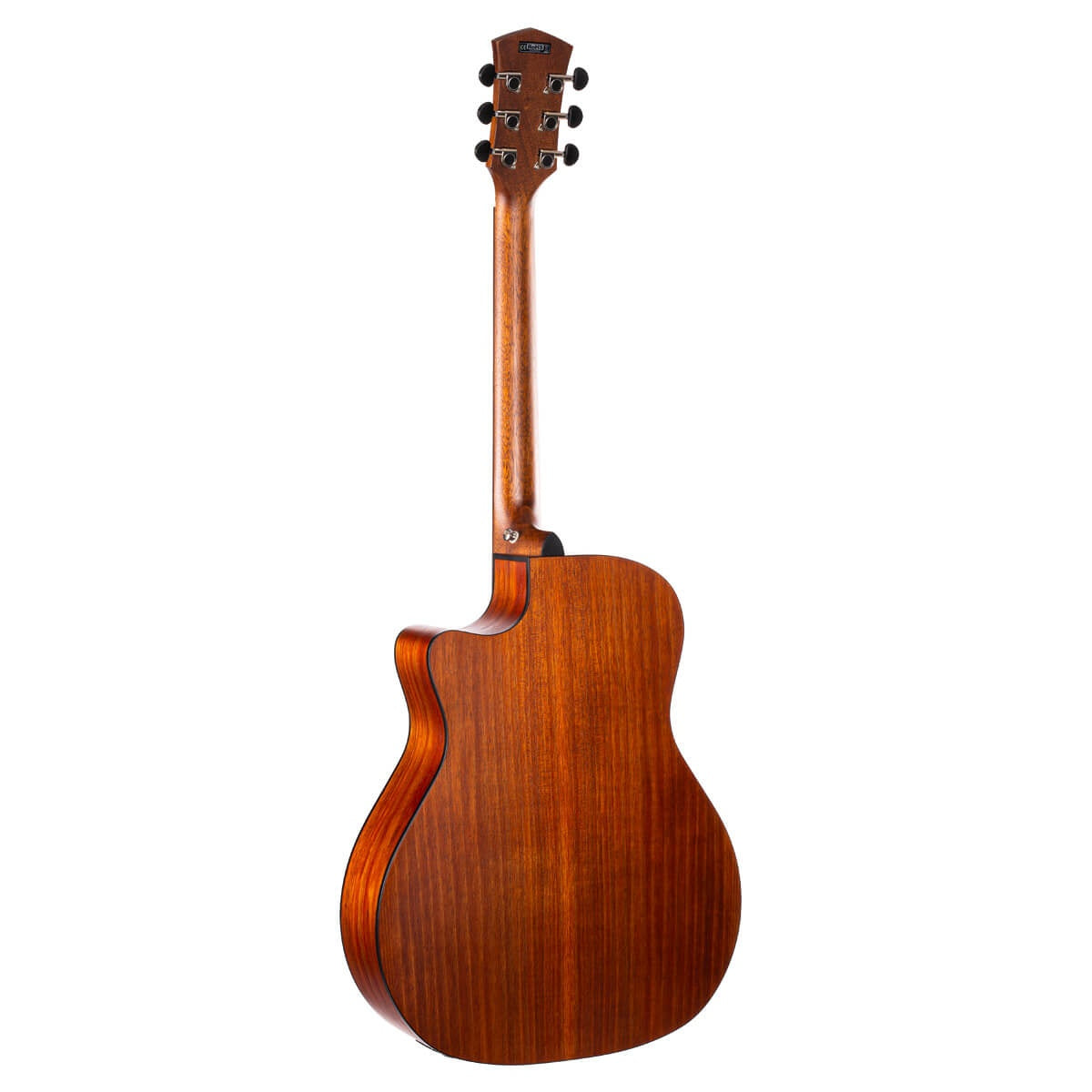 Cort Core-GA Blackwood grand auditorium cutaway acoustic guitar with open pore light burst finish and case, showcasing its body and neck.