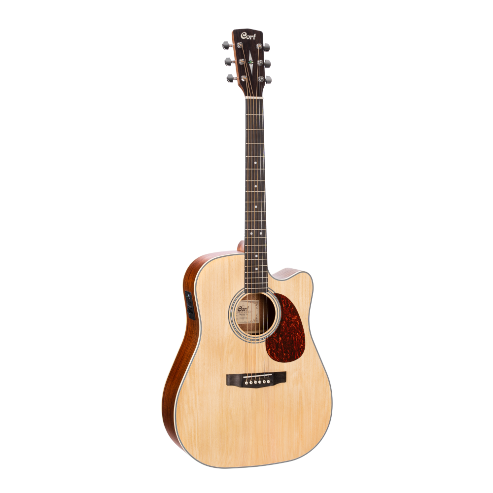 Cort MR500E OP dreadnought cutaway acoustic guitar with open pore finish, showing the body, soundhole, and fretboard detail.