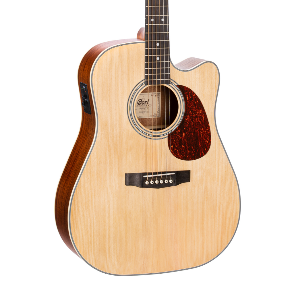 Cort MR500E OP dreadnought cutaway acoustic guitar with open pore finish, showing the body, soundhole, and neck detail.