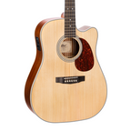 Cort MR500E OP dreadnought cutaway acoustic guitar with open pore finish, showing the body, soundhole, and neck detail.