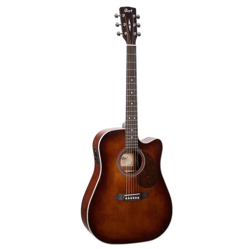 Cort MR500E OP dreadnought cutaway acoustic guitar with brown burst finish and gig bag, featuring a natural wood top and cutaway body.