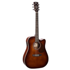 Cort MR500E OP dreadnought cutaway acoustic guitar with brown burst finish and gig bag, featuring a natural wood top and cutaway body.