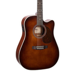 Cort MR500E OP dreadnought cutaway acoustic guitar with brown burst finish and gig bag, featuring a sleek body and steel strings.